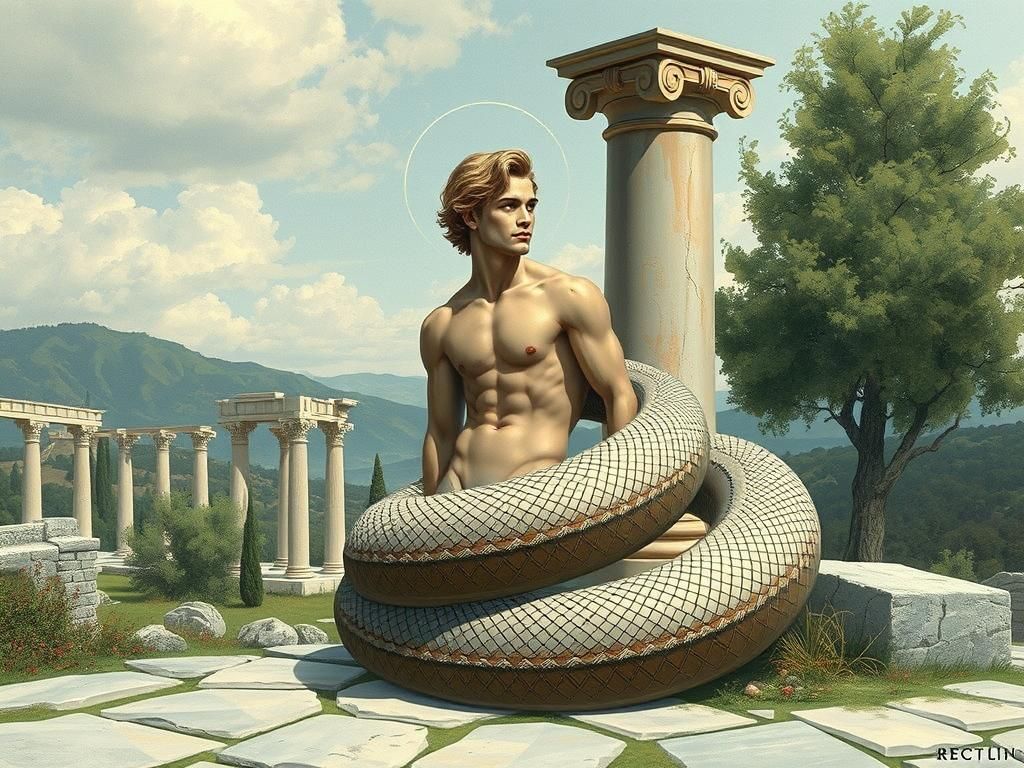 Serpent-bodied Ericthonius in Dramatic Illustrative Style