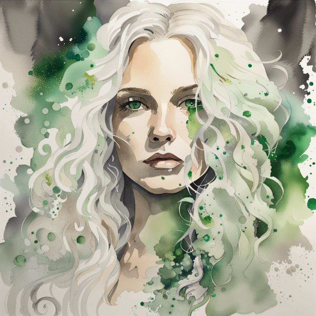 Watercolor Woman with Silver Dress and Emerald Eyes