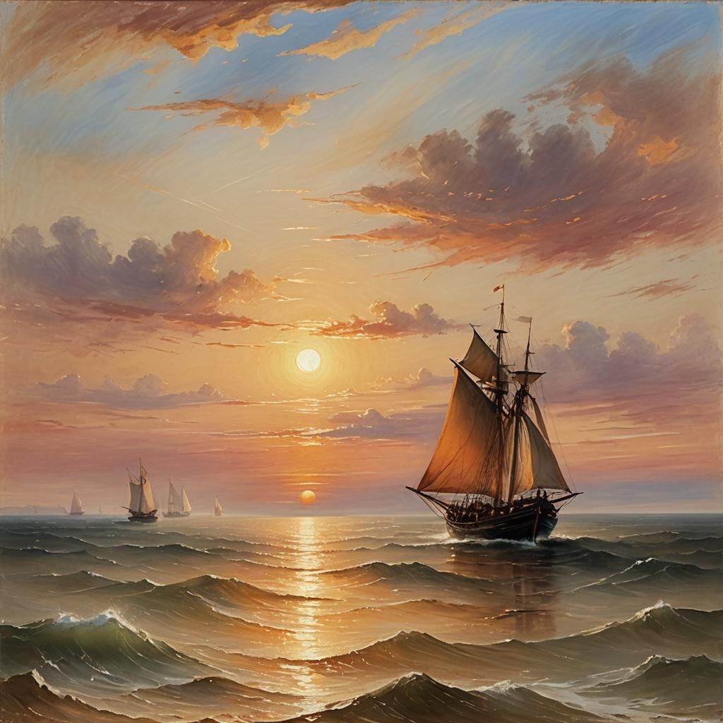 Romantic Seascape Painting of Boat at Sunset