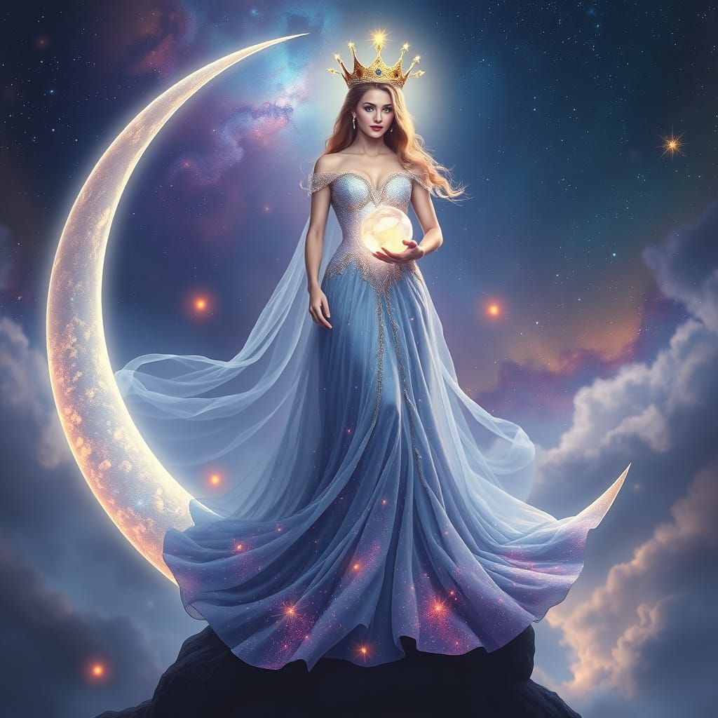 Celestial Queen on Moon in Ethereal Fantasy Style