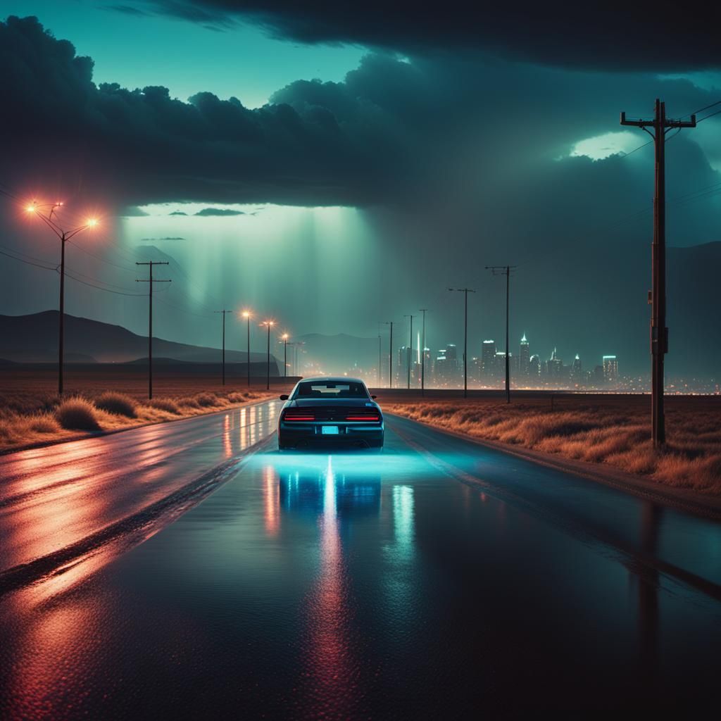 Car in Cityscape Film Still with Neon Reflections