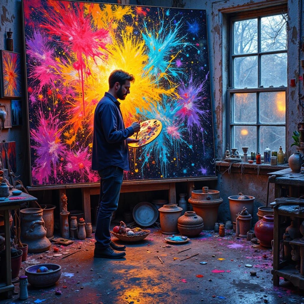 Cubist Painter in Bioluminescent Neon Studio