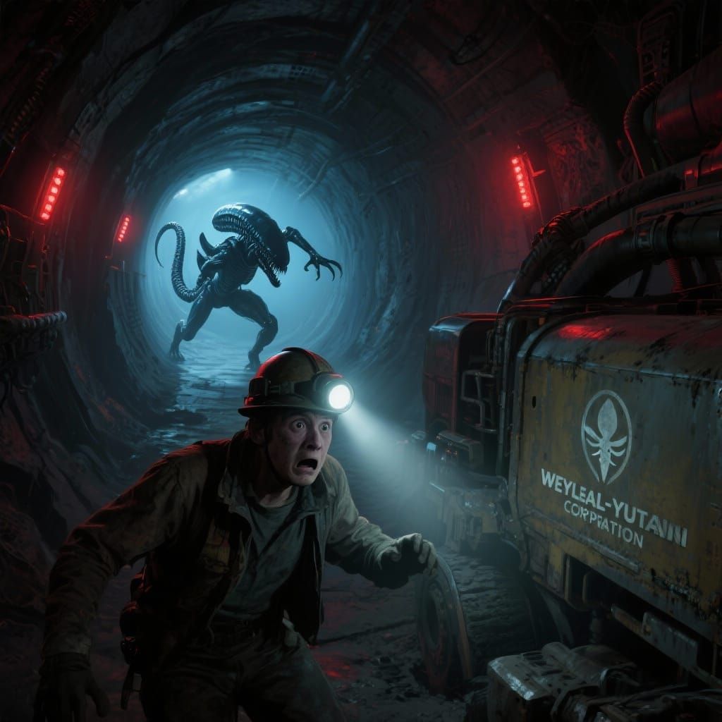 Frightened Miner Confronts Xenomorph in Dark Tunnel