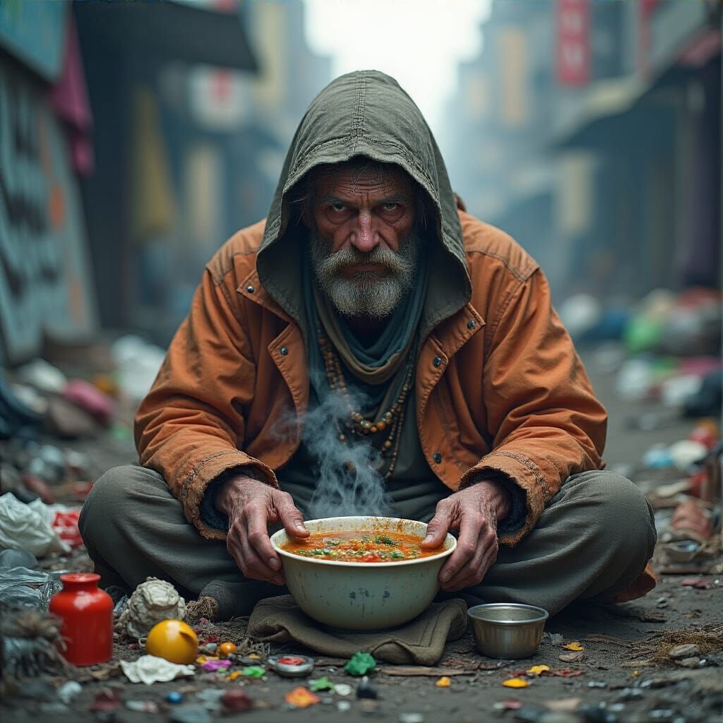 Photorealistic Homeless Person at Makeshift Camp