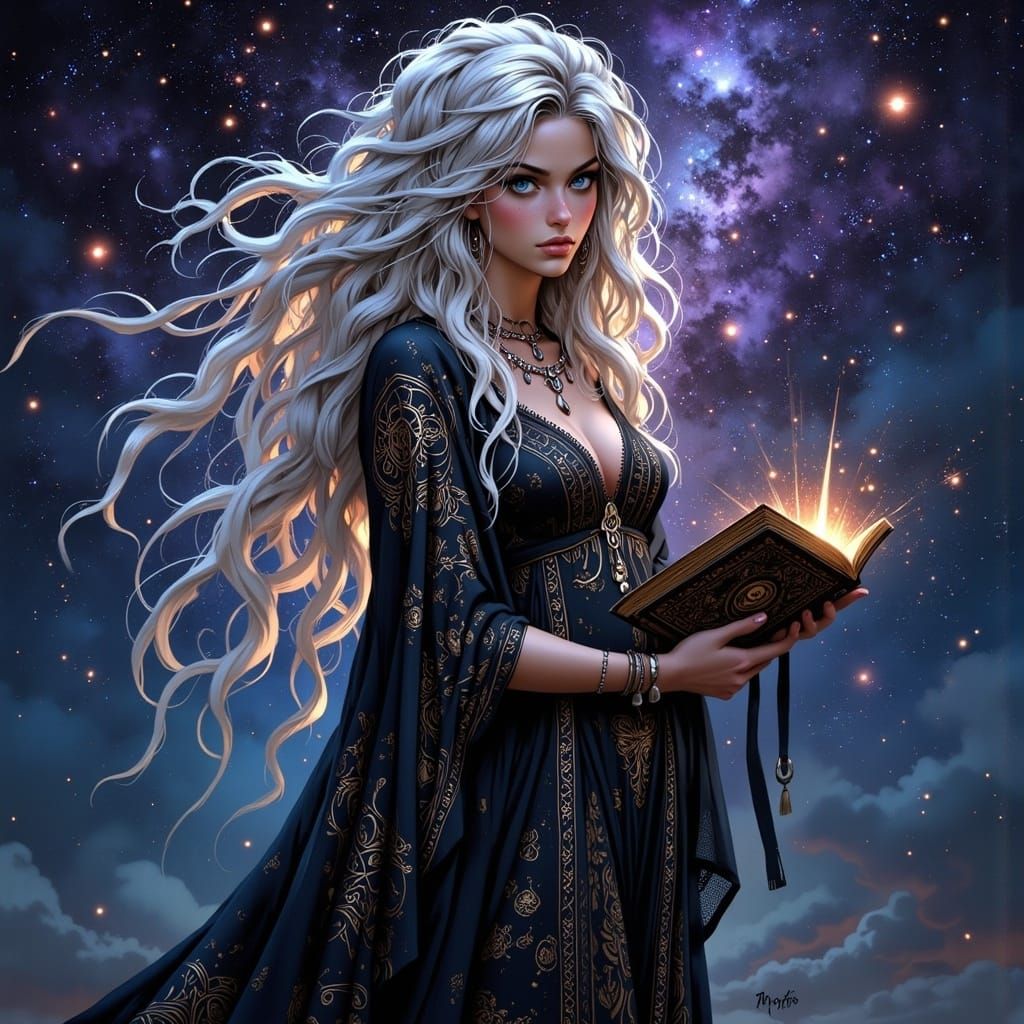 Mystical Starbound Witch Under Celestial Canvas