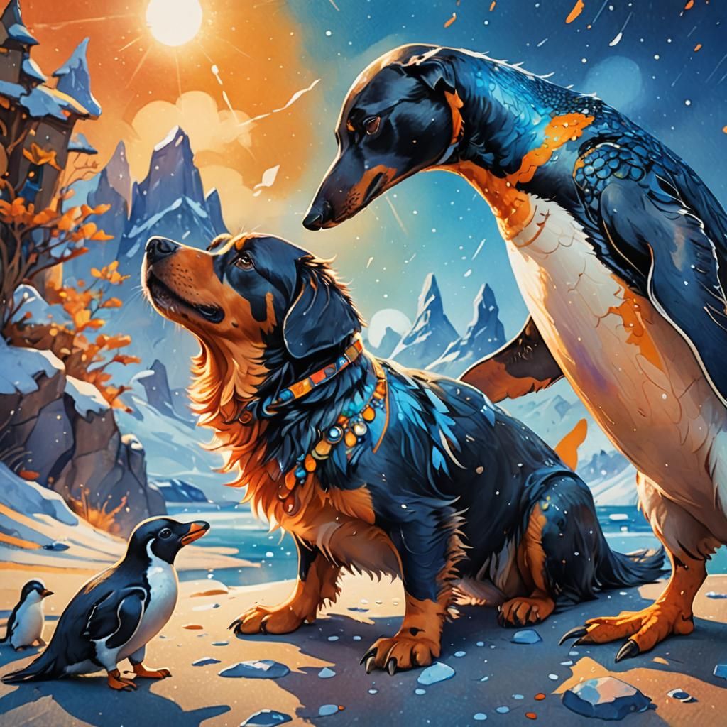 Colorful Dog and Penguin in Fantasy Art Style