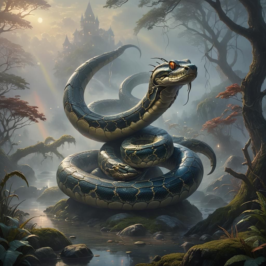 Giant Prehistoric Crab-Clawed Snake in Misty Landscape