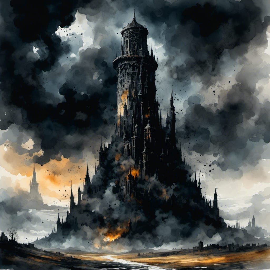 Gloomy Watercolor of Dark Tower in Abandoned City