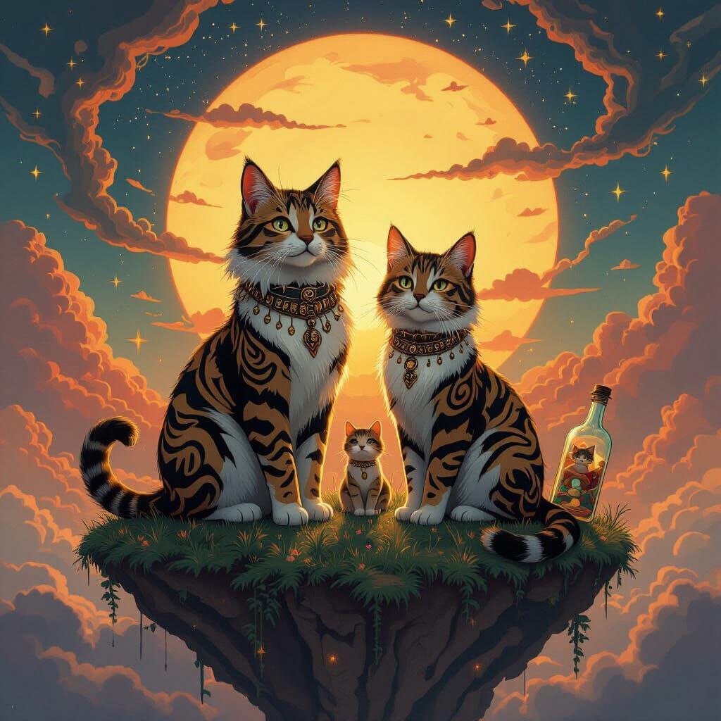 Cats on Floating Island with Tribal Patterns