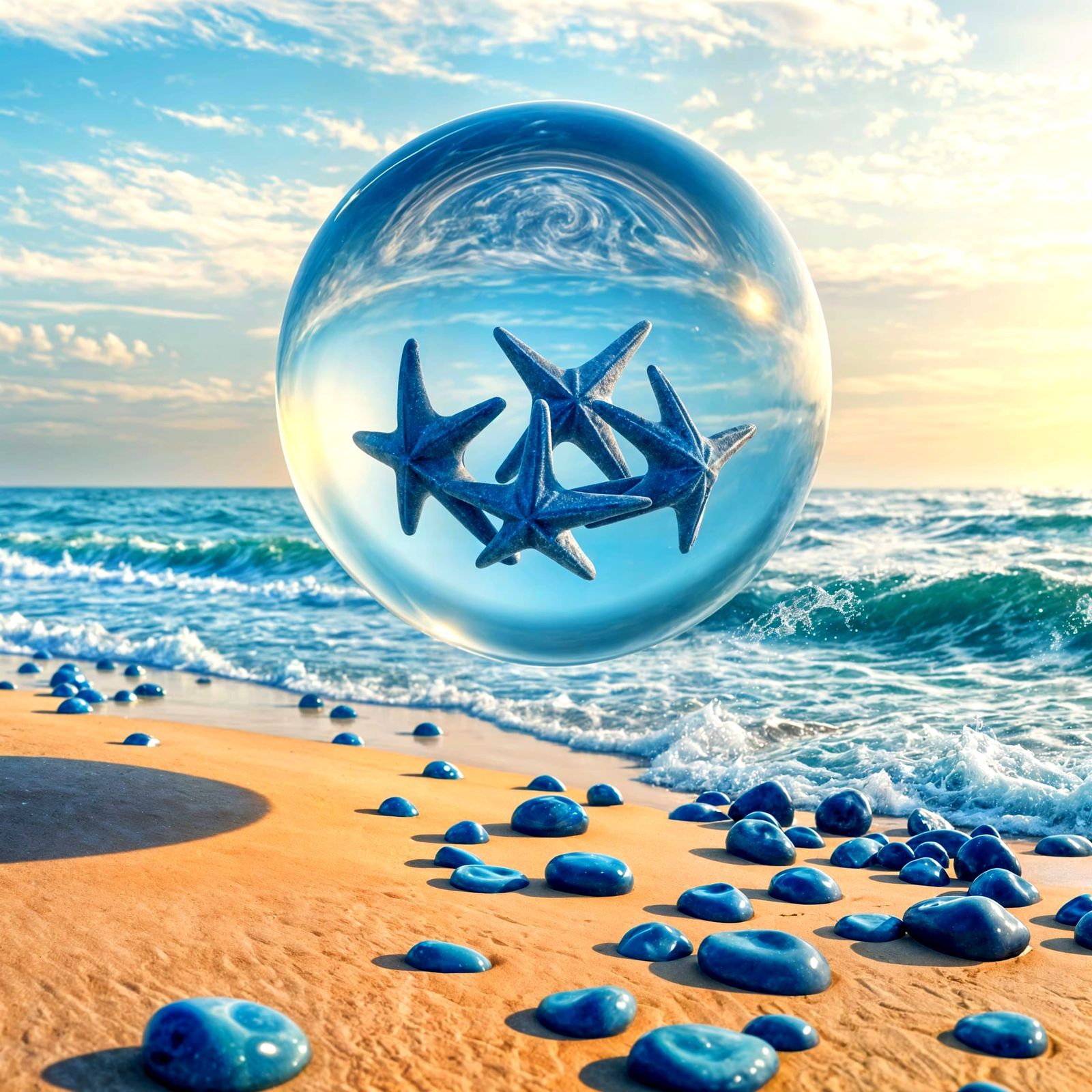 Ethereal Orb Over Tranquil Beachscape with Starfish and Coba...
