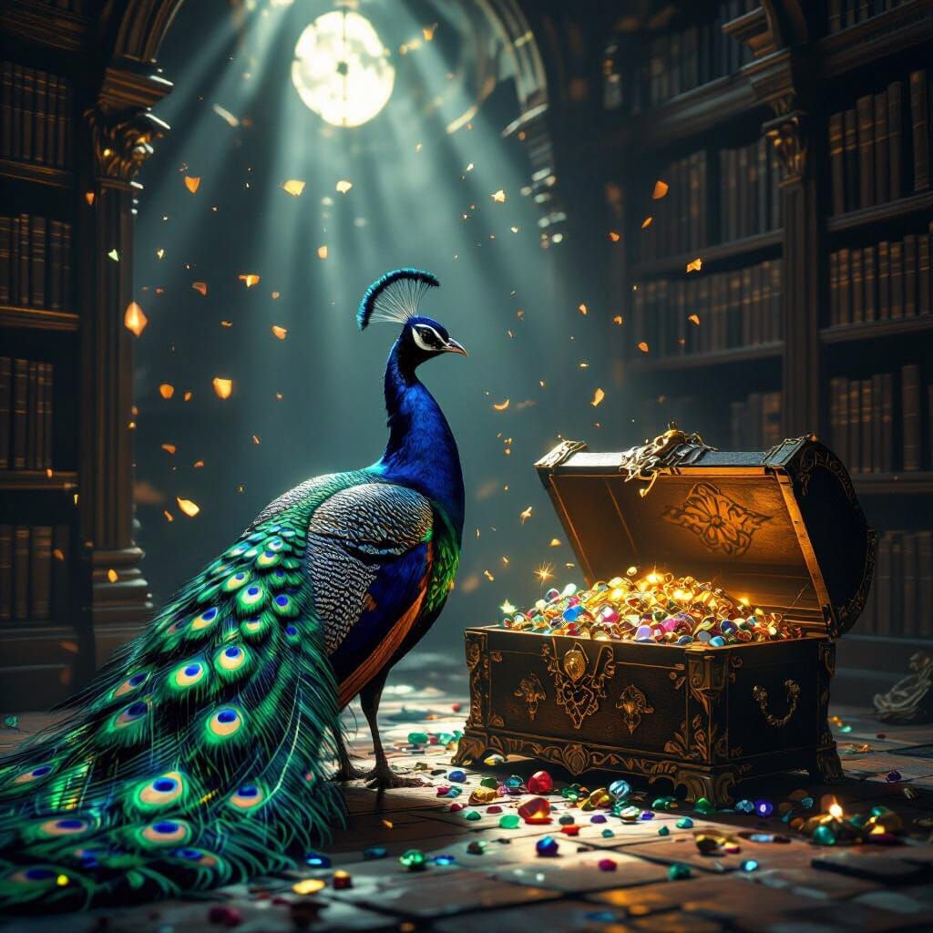 Majestic Peacock in Ancient Library with Glowing Jewels