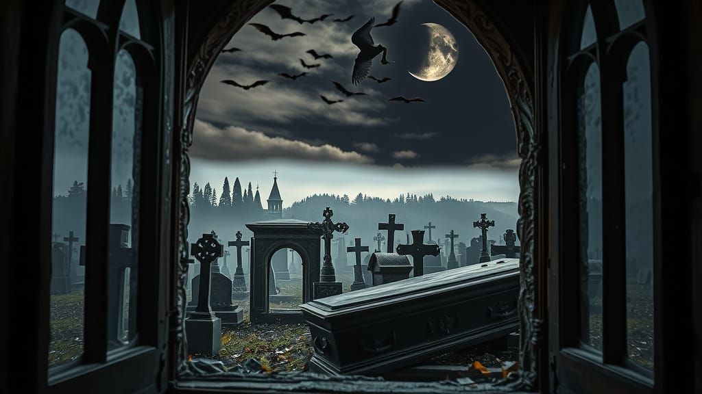Gothic Window Overlooking Cemetery in Cinematic Style