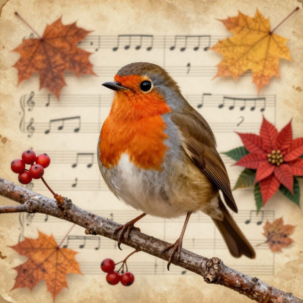European Robin Perched on Autumn Branch with Music Notes