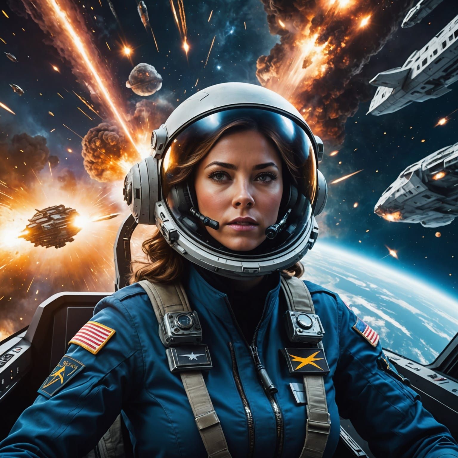 Female Pilot Navigating Exploding Galaxy