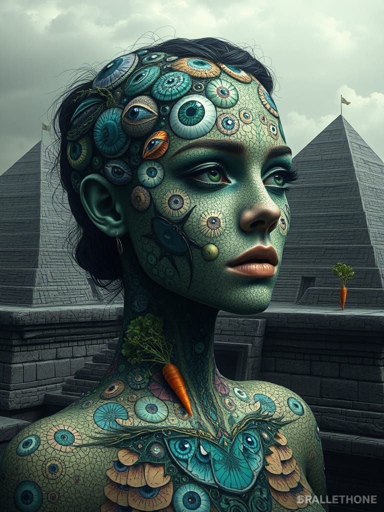 Ethereal Goddess with Mosaic Skin and Pyramid Backdrop