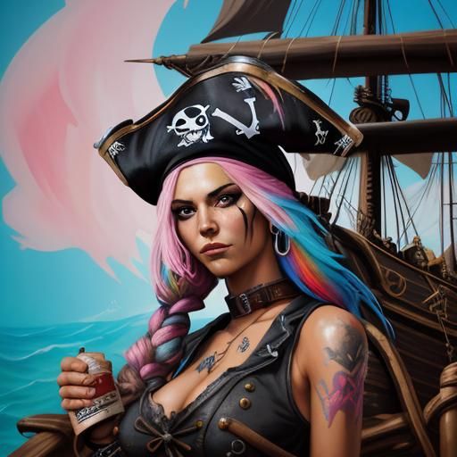 Pirate Wench and Ship in Graffiti Art Style