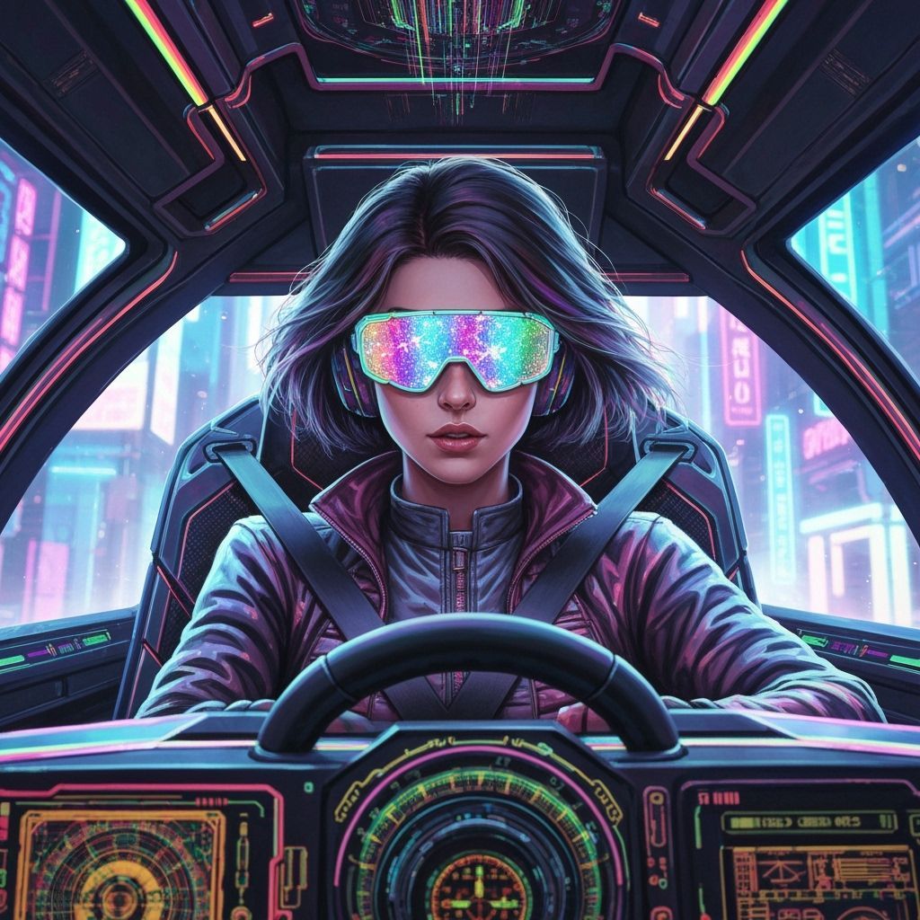 Cyberpunk Holographic Girl Driving Spaceship