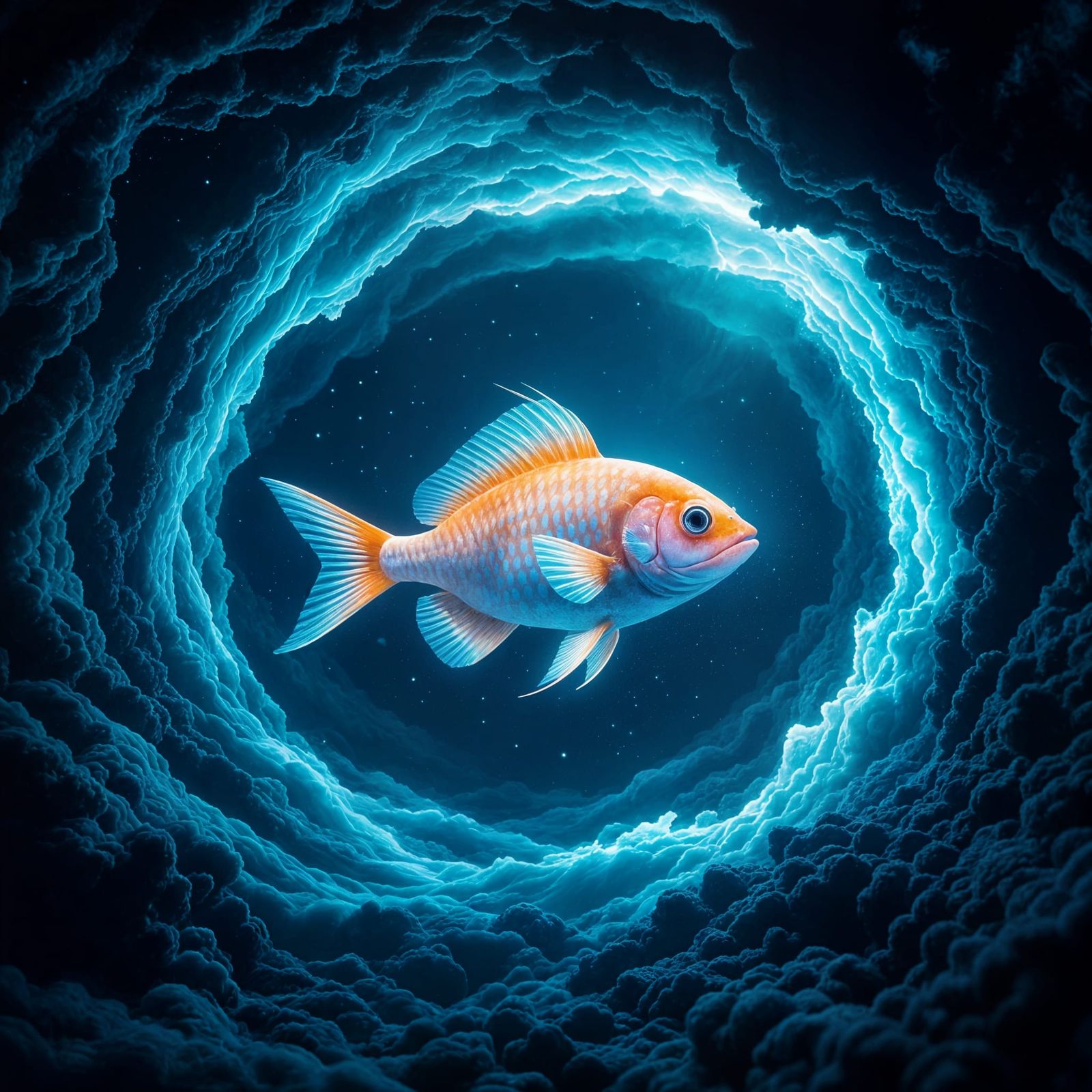 Bioluminescent Fish Swims Through Aquatic Portal