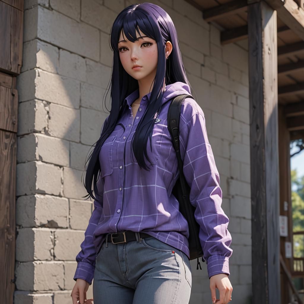 Anime Girl in Purple Flannel, 3D Rendered Art