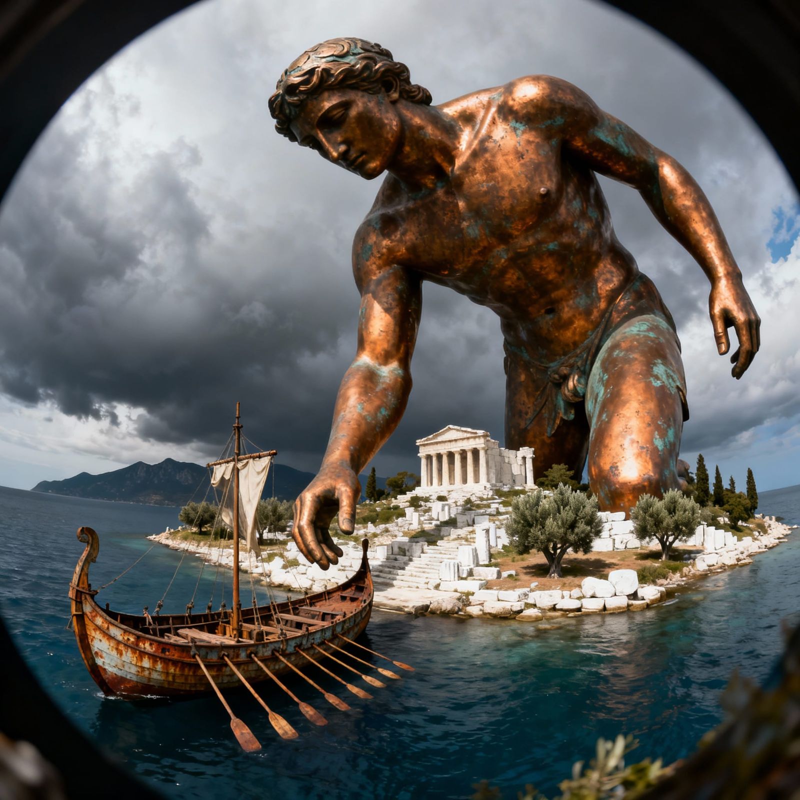 Massive Bronze Giant Overlooks Ancient Greek Ship