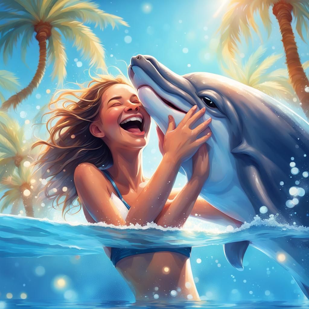 Laughing Dolphin Hugging Girl in Sunny Pool