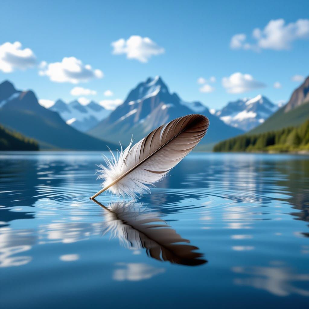 Feather Reflects Miniature Mountain Landscape on Water