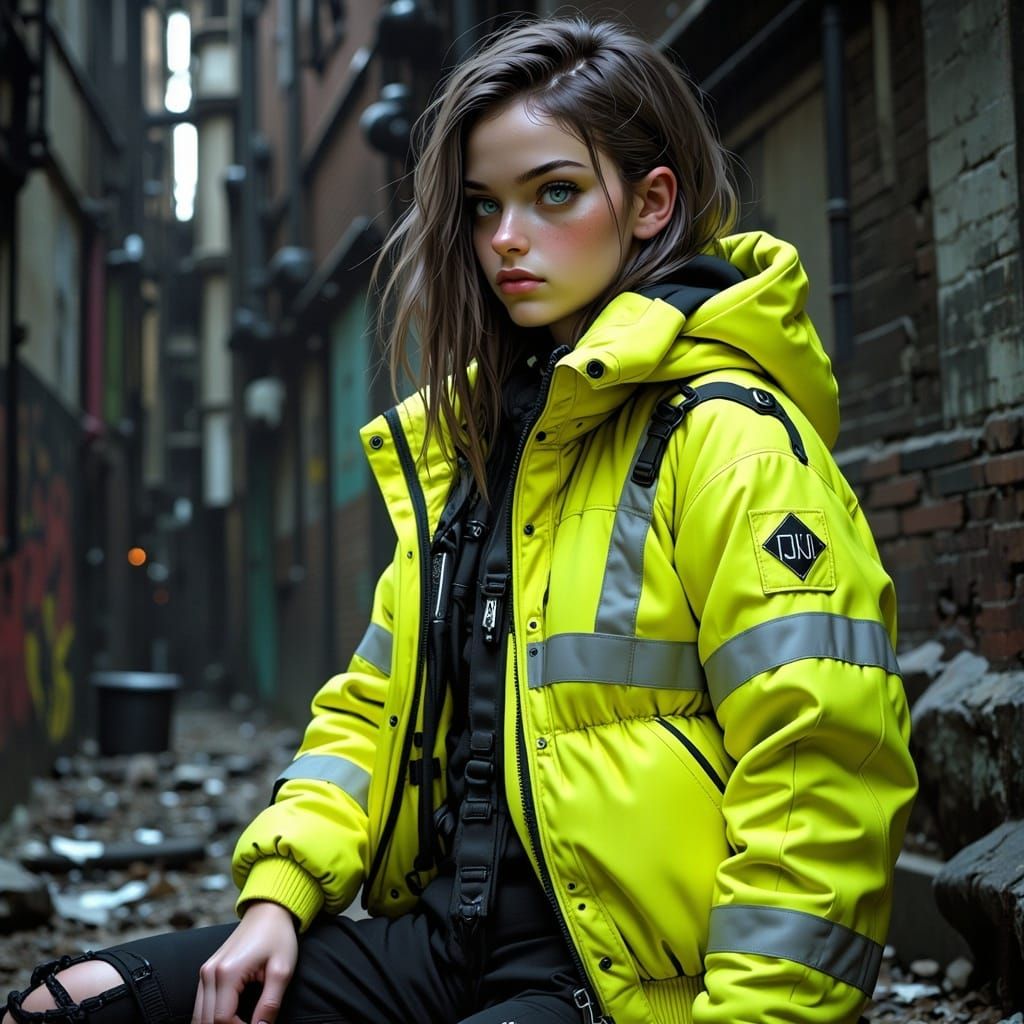 Post-Apocalyptic Cyberpunk Warrior in Neon Yellow Metal Jack...