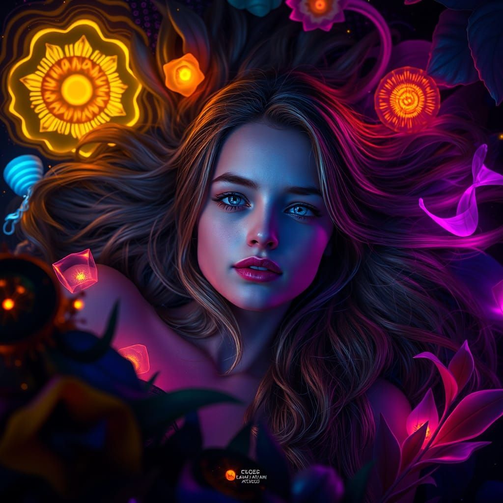 Dreamlike Woman in Neon Foliage, Dark Fantasy Concept Art