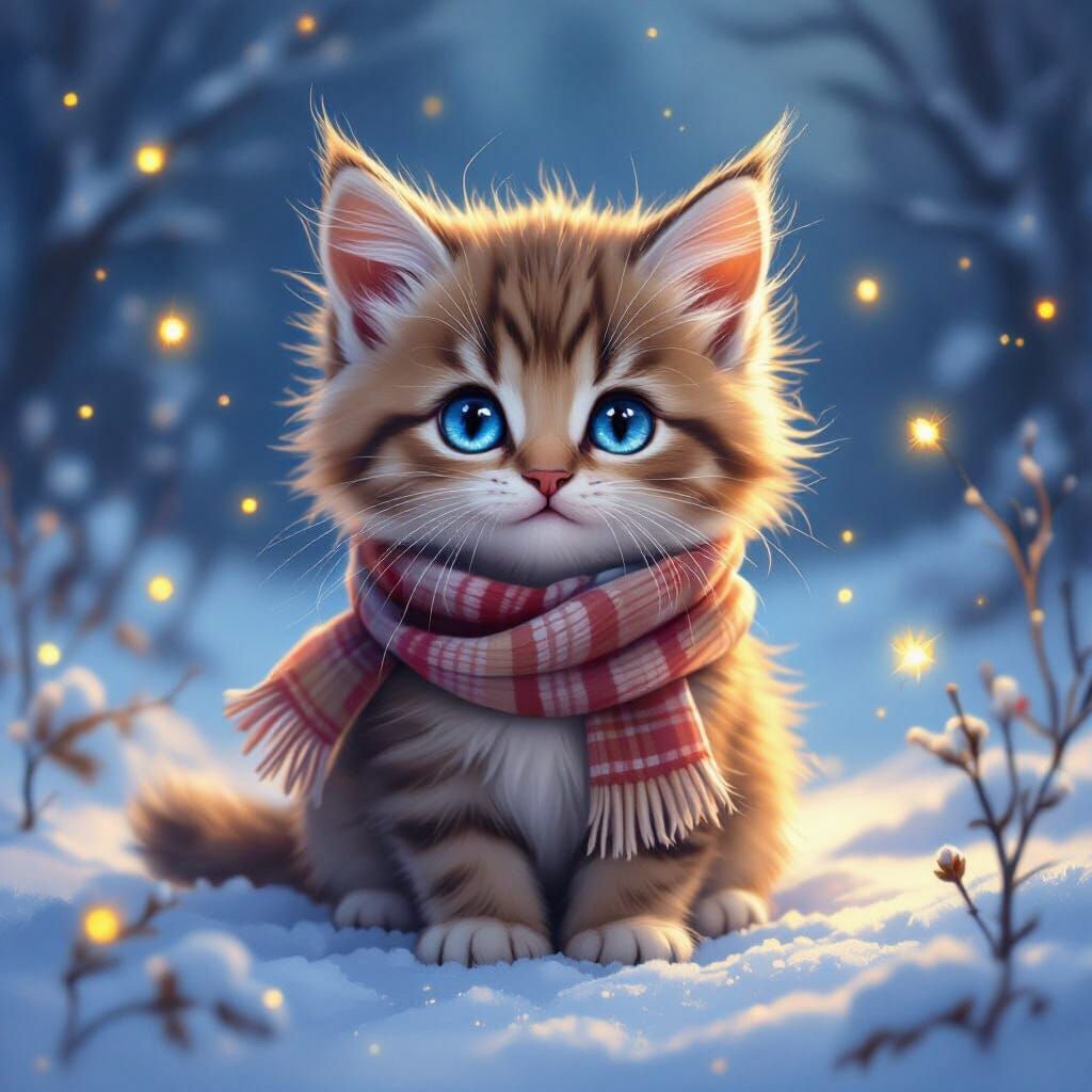 Kitten in Winter Wonderland with Fireflies, Whimsical Art