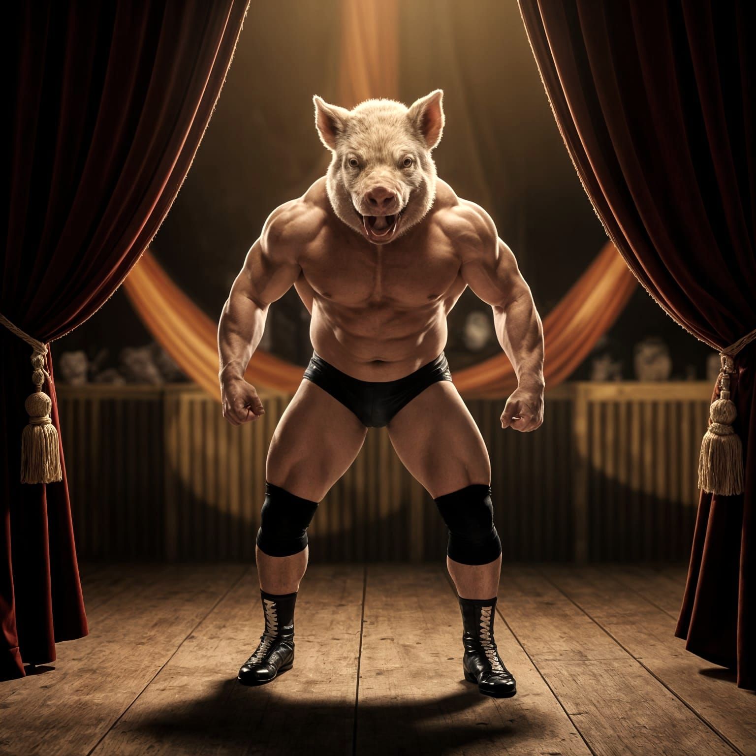 Pig-Headed Wrestler in Dramatic Circus Portrait
