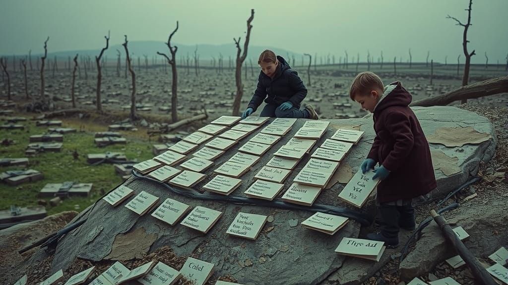 Children's Memorial on War-Torn Rock: Somber Realism