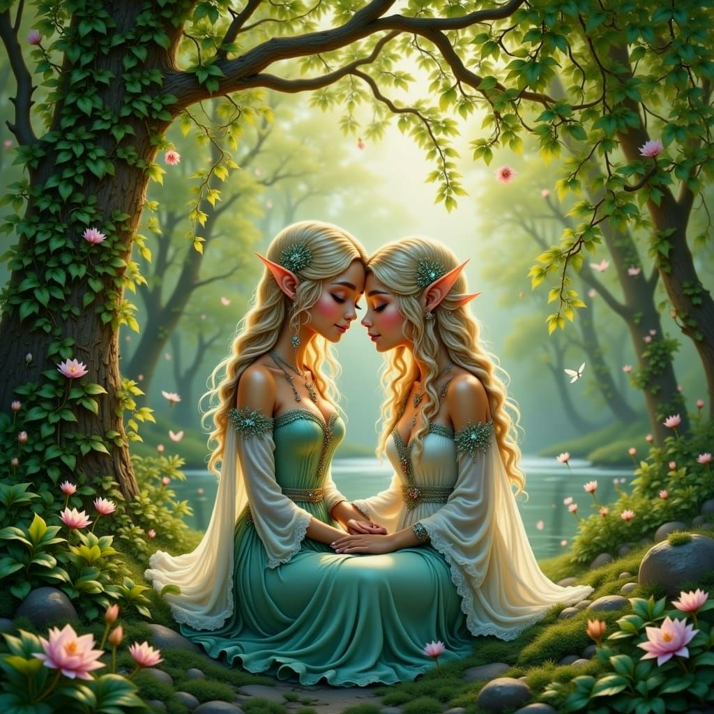 Ethereal Elves in Love, Under a Blooming Tree