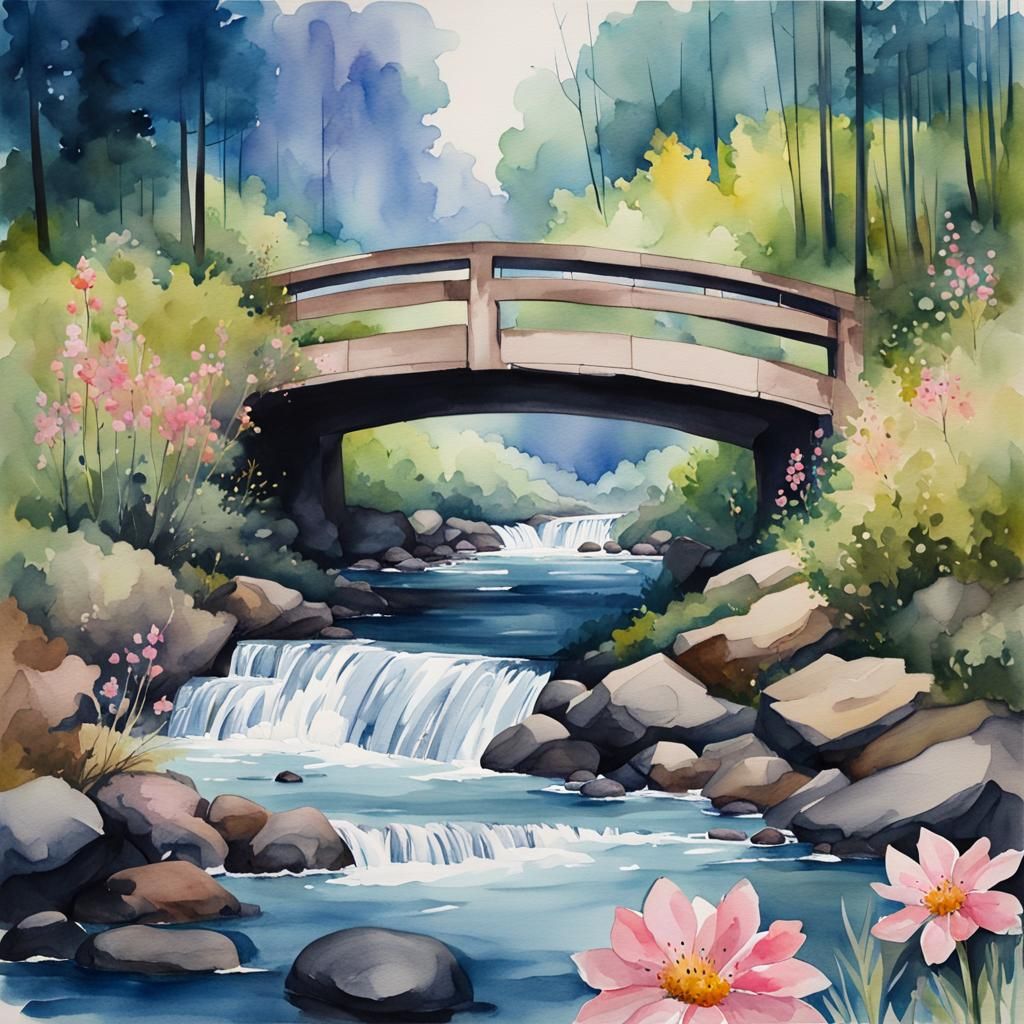 Watercolor Bridge Scene with Wildflowers