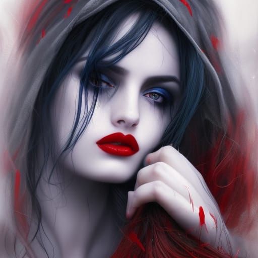 Gothic Hooded Beauty in Red and Blue