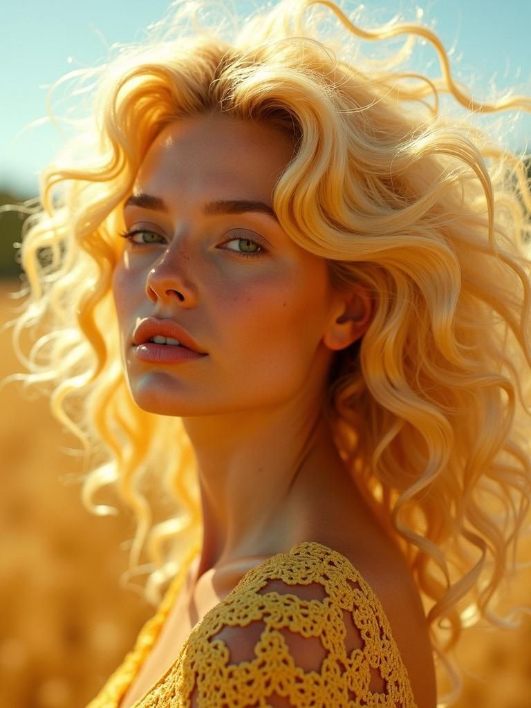 Golden Bouffant Hairstyle with Flowing Strands