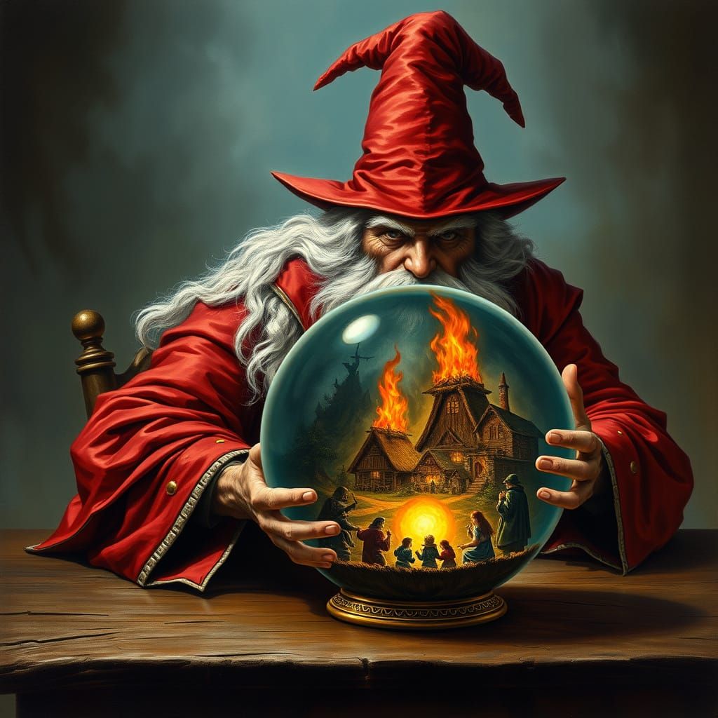 Wizard Gazing into Crystal Ball Revealing Burning Village