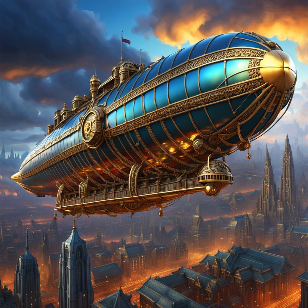 Steampunk Zeppelin Over Cyberpunk Gothic City