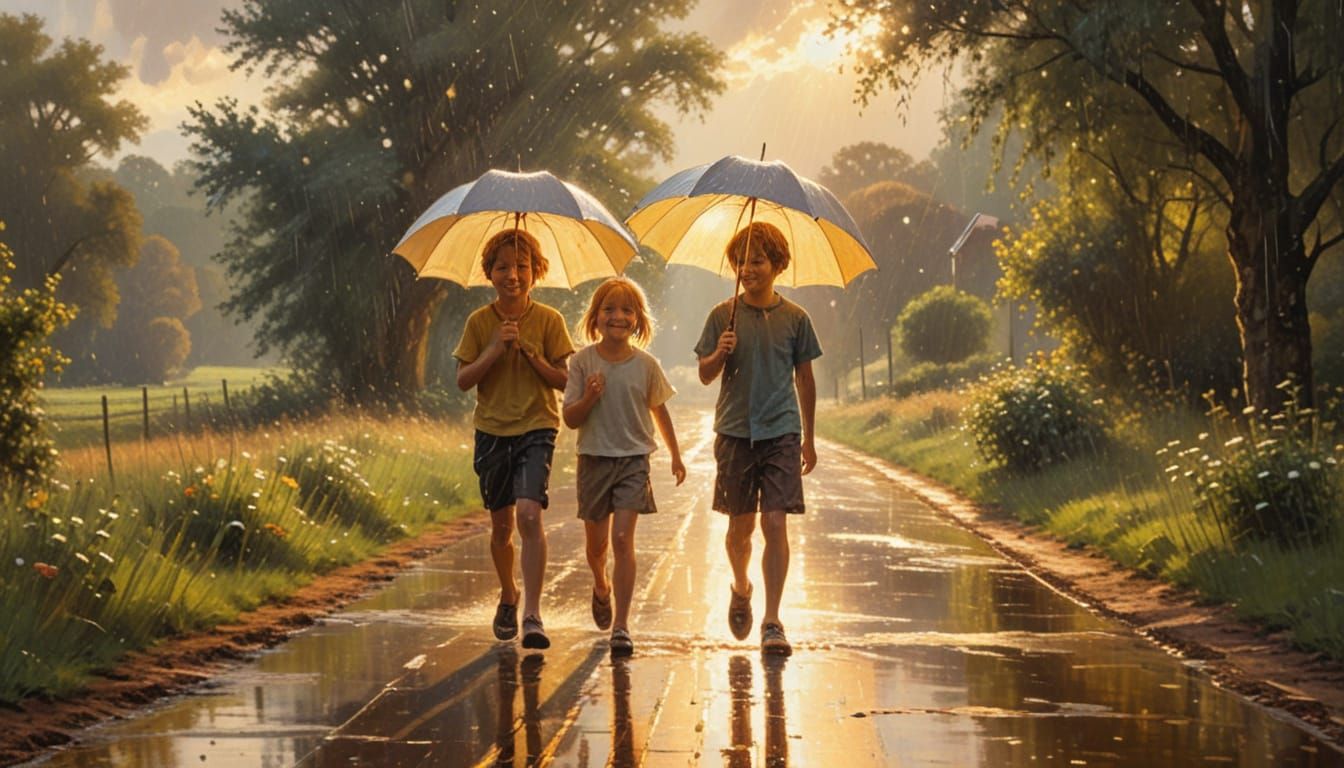 Impressionist Children Playing on Rainy Country Road