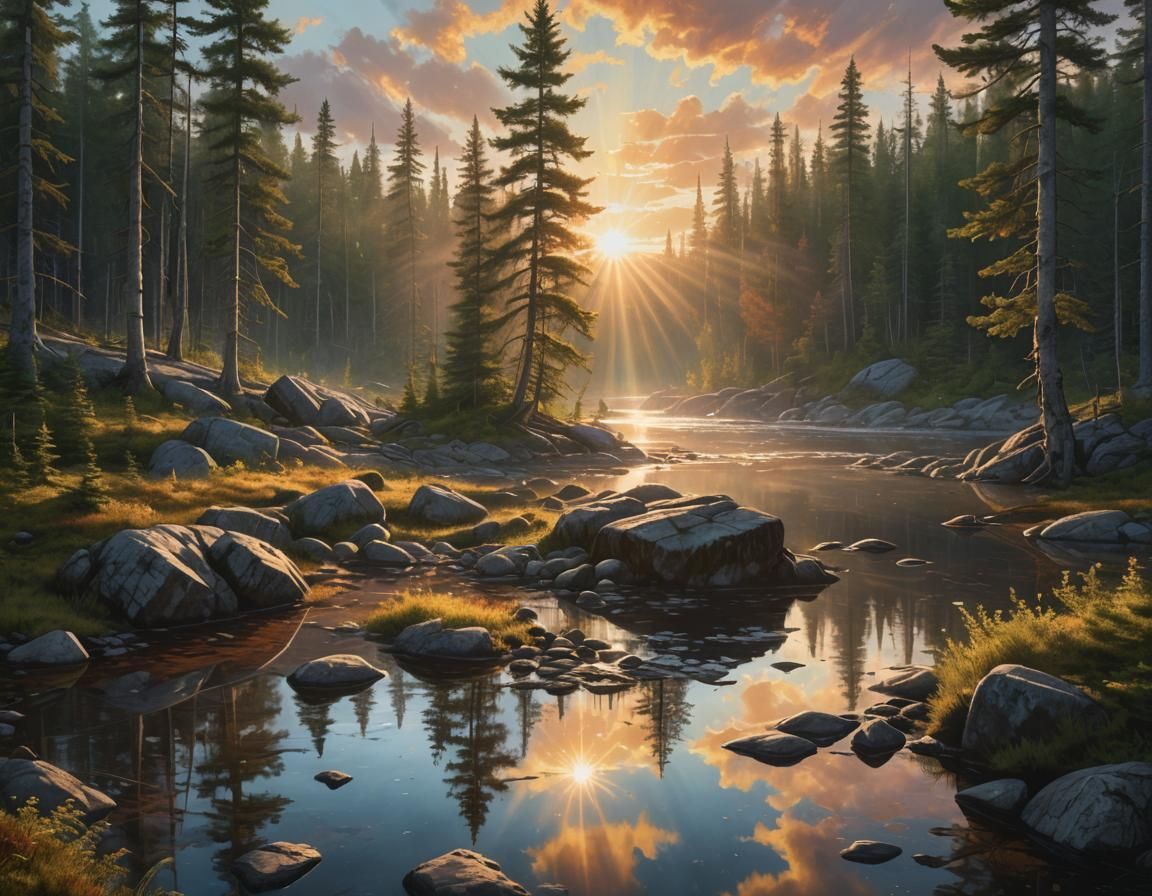 Boreal Forest Sunrise Reflected on Rocky Shoreline