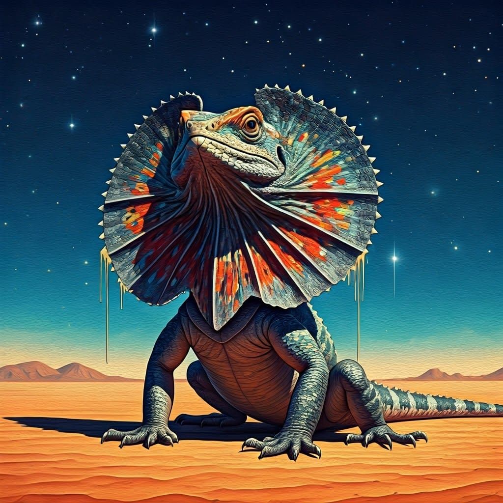 Frilled-Neck Lizard in Starry Desert, Watercolor Folk Art