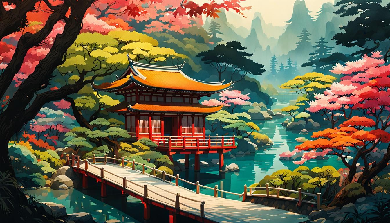 Vibrant Japanese Garden Pop-Up Book Illustration
