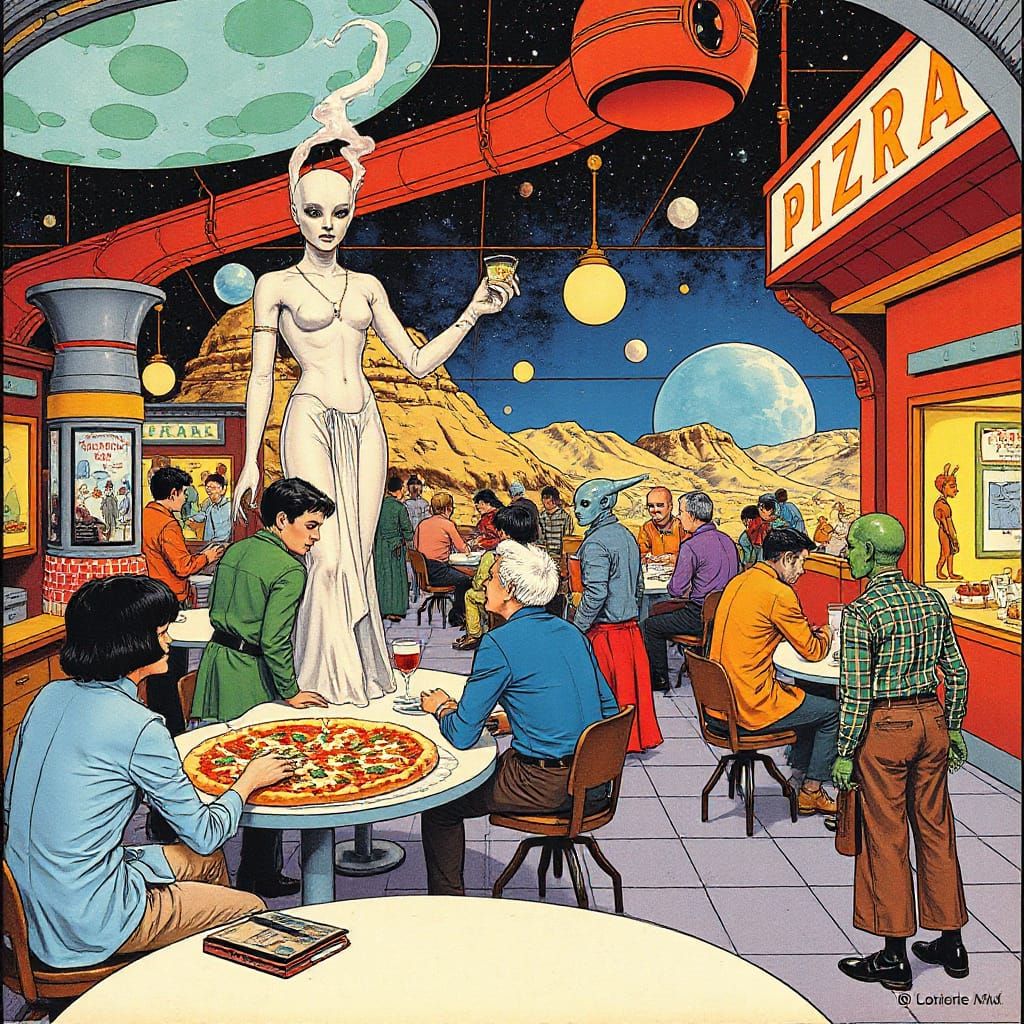 Cosmic Pizzeria Scene in Futuristic Style