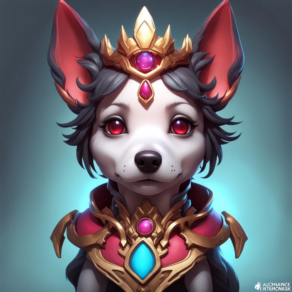 Chibi Demonic Dog Princess Portrait in Art Nouveau Style