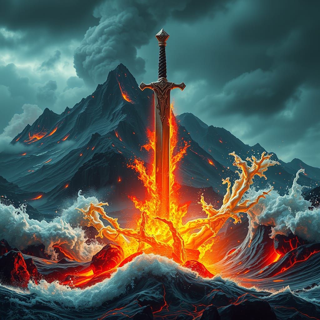 Epic Battle of Fire and Water in Dark Fantasy Futurism