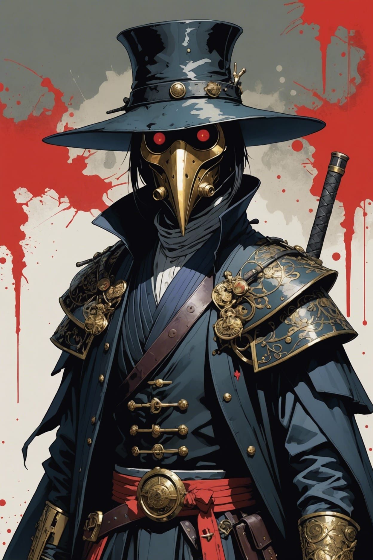 Silkpunk Plague Doctor Samurai in Anime Style