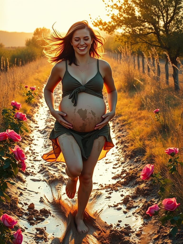 Joyful Pregnant Woman Runs Through Muddy Countryside in Gold...