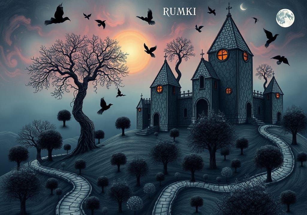 Gloomy Surreal Landscape with Fractal and Zentangle Art