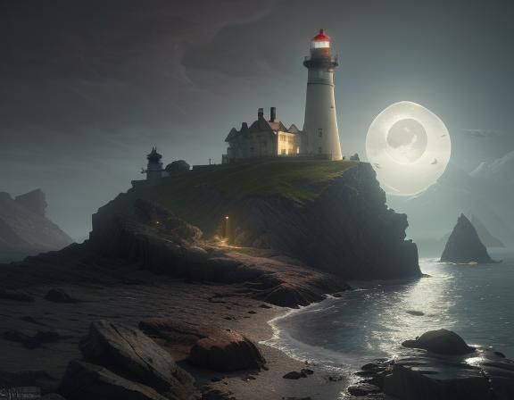 Moonlit Lighthouse on Rocky Coast: Dark Fantasy Art