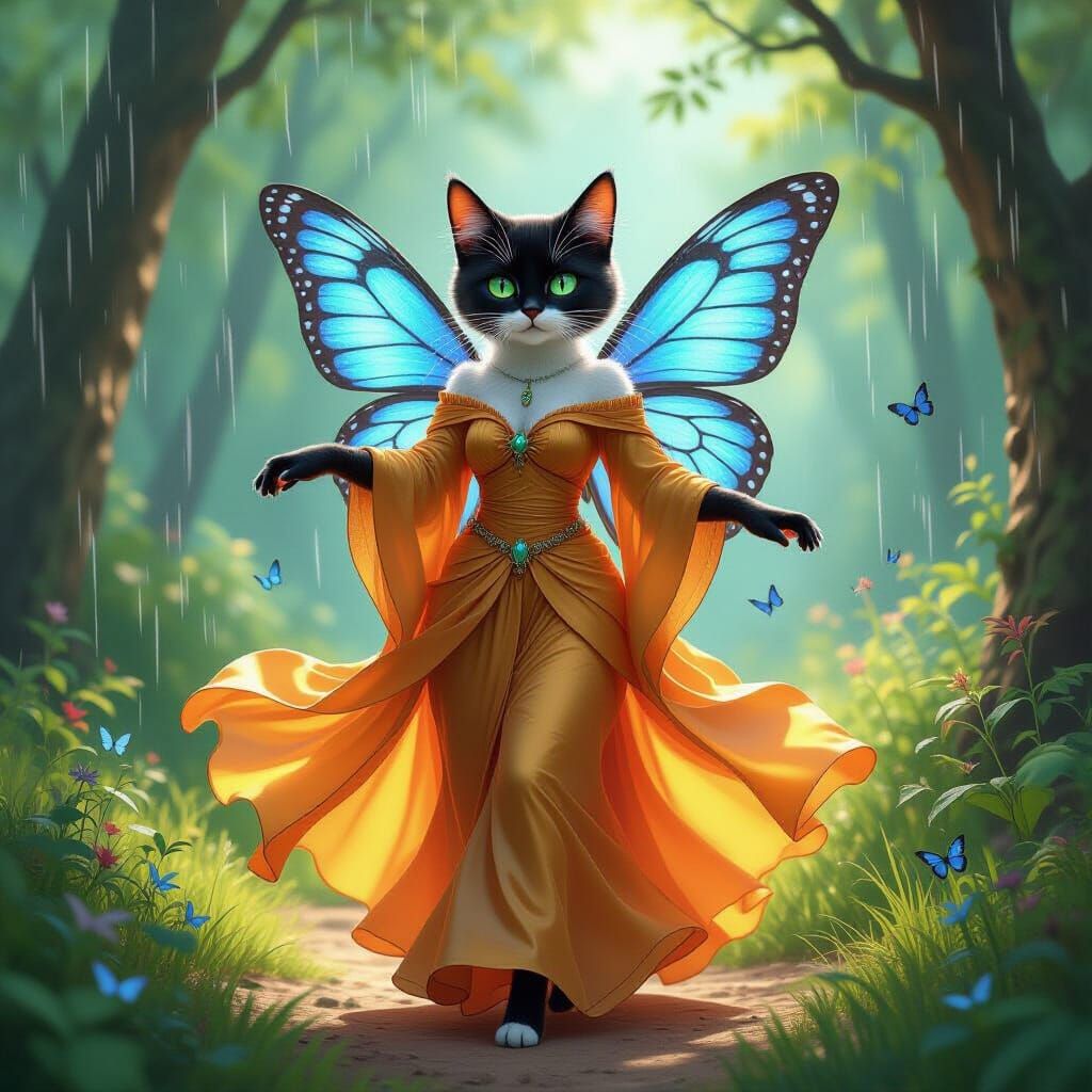 Tabby Cat Fairy Dances in Summer Forest