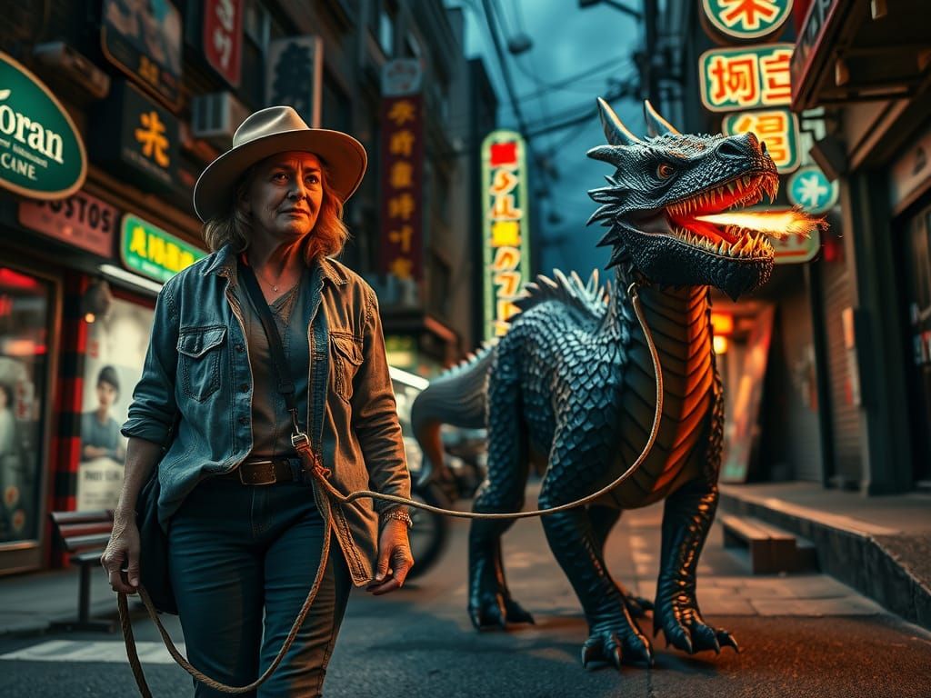 Woman Walks Dragon in Shady Neon Street